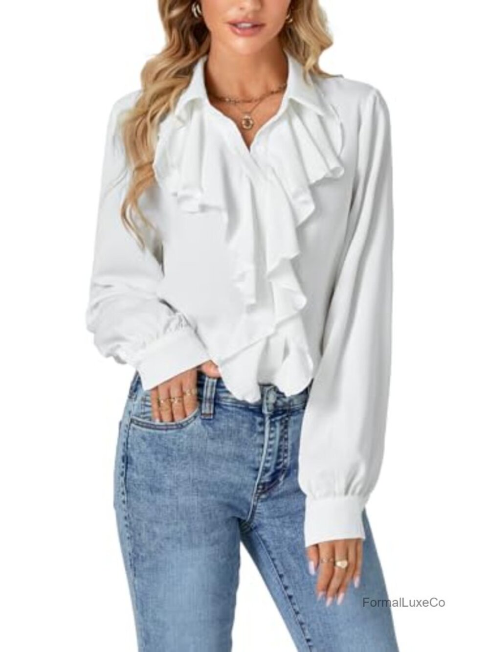 Ruffle Collar Blouse Long Sleeve Button Down Casual Top